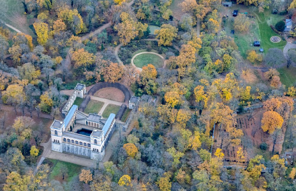 Aerial image Potsdam - Autumnal discolored vegetation view Palace Belvedere on Pfingstberg in Potsdam in the state Brandenburg