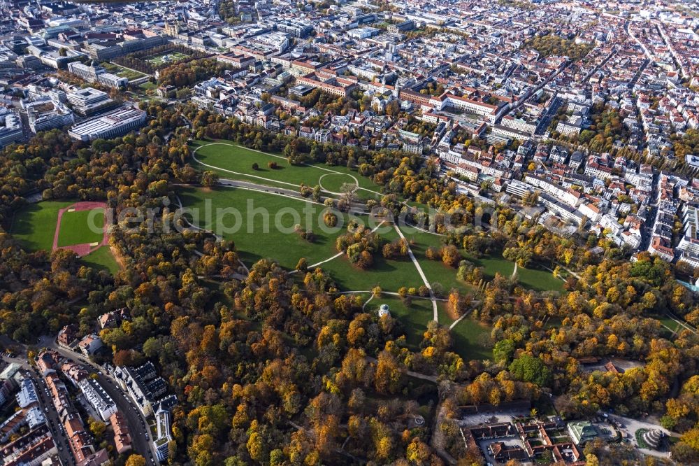Aerial image München - Autumnal discolored vegetation view park of Englischer Garten in the district Altstadt-Lehel in Munich in the state Bavaria, Germany