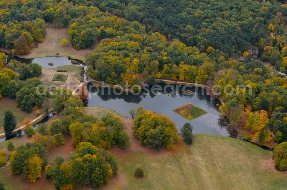 Aerial image Cottbus - Autumnal discolored vegetation view pyramids in the Park of Branitz palace in Cottbus in the state Brandenburg, Germany