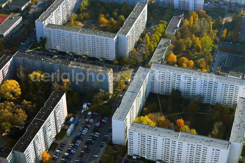 Berlin from above - Autumnal discolored vegetation view skyscrapers in the residential area of industrially manufactured settlement on Ahrenshooper Strasse in the district Neu-Hohenschoenhausen in Berlin, Germany