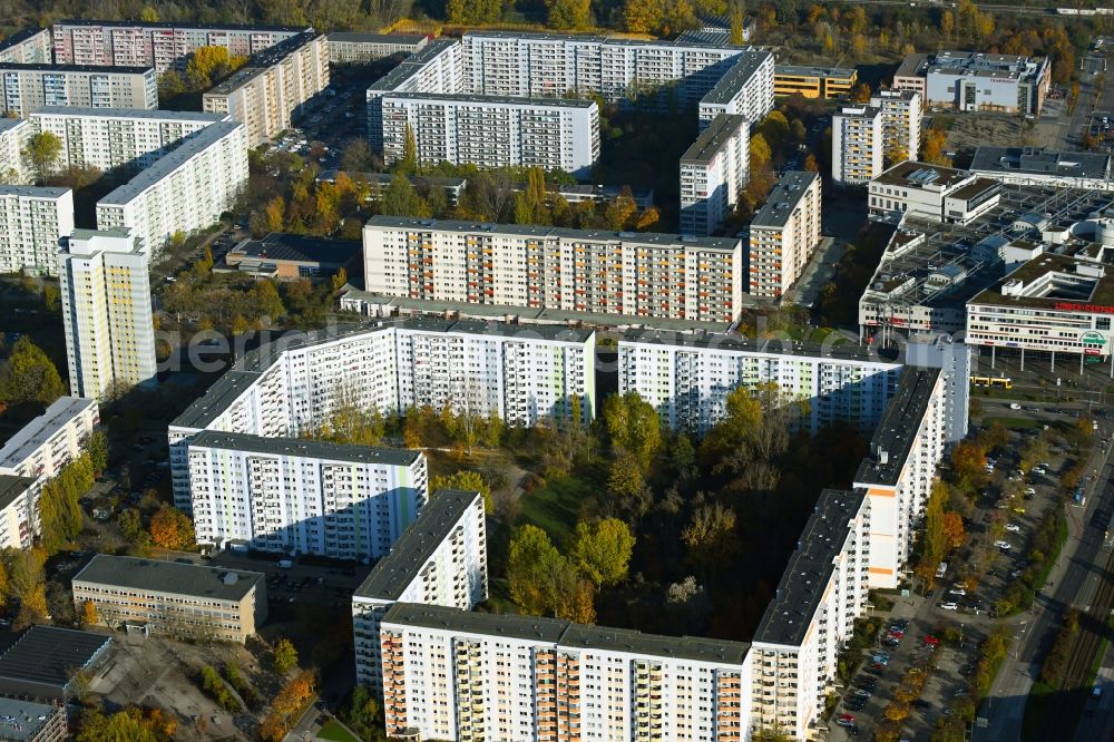 Aerial photograph Berlin - Autumnal discolored vegetation view skyscrapers in the residential area of industrially manufactured settlement Barther Strasse - Falkenberger Chausee in the district Neu-Hohenschoenhausen in Berlin, Germany