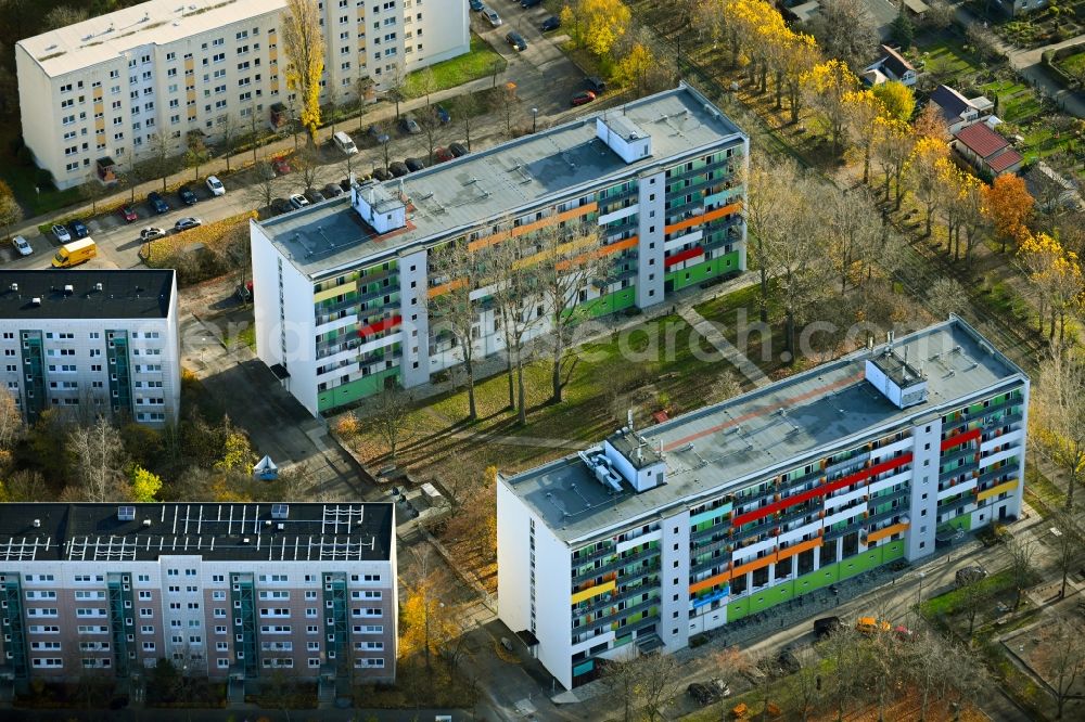 Aerial photograph Berlin - Autumnal discolored vegetation view skyscrapers in the residential area of industrially manufactured settlement on Matenzeile in the district Neu-Hohenschoenhausen in Berlin, Germany