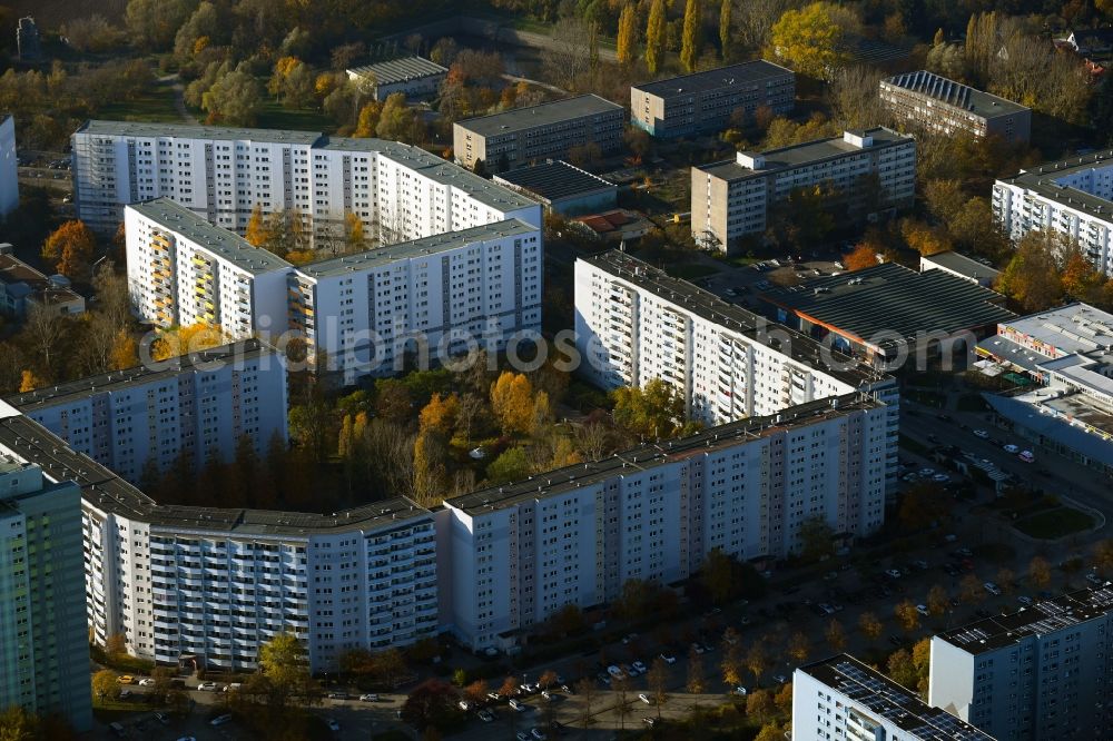 Berlin from the bird's eye view: Autumnal discolored vegetation view skyscrapers in the residential area of industrially manufactured settlement Zum Hechtgraben - Kuehlungsborner Strasse - Zingster Strasse in the district Neu-Hohenschoenhausen in Berlin, Germany