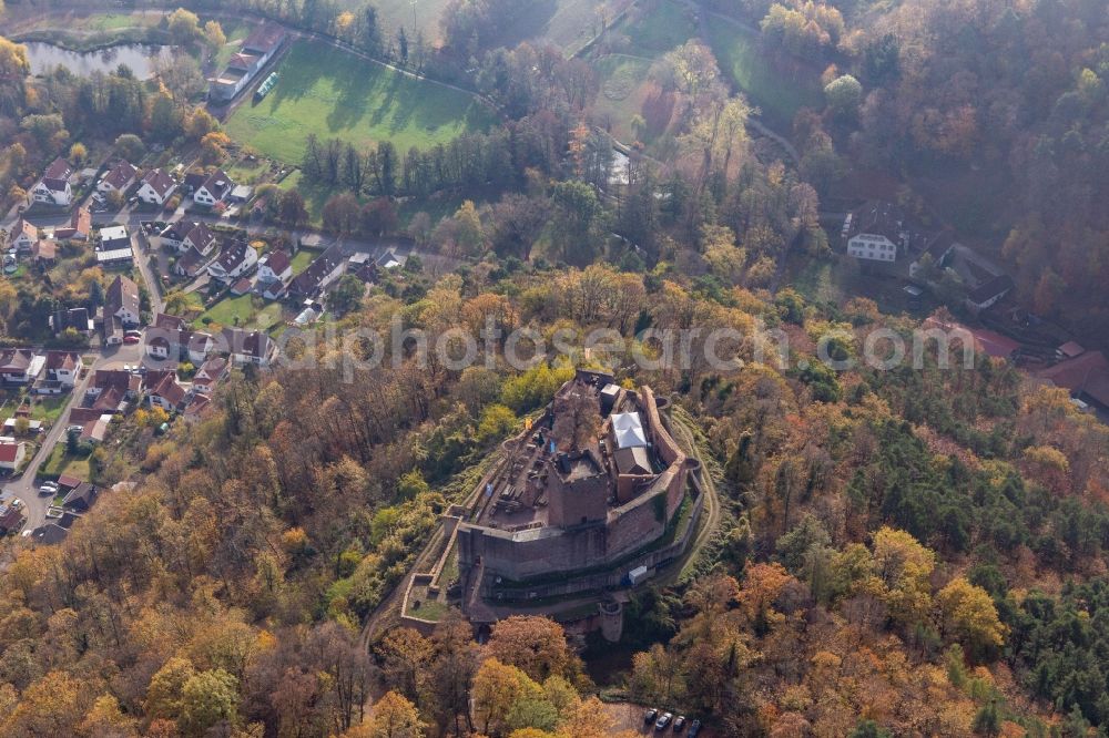 Klingenmünster from above - Autumnal discolored vegetation view ruins and vestiges of the former fortress Burg Landeck in Klingenmuenster in the state Rhineland-Palatinate, Germany