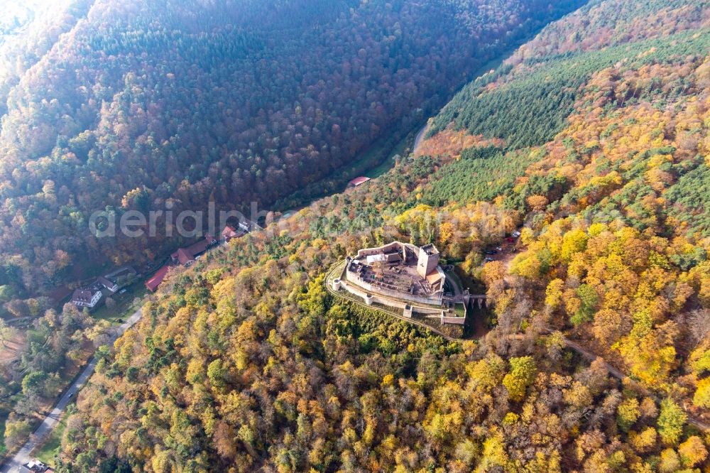 Klingenmünster from above - Autumnal discolored vegetation view ruins and vestiges of the former fortress Burg Landeck in Klingenmuenster in the state Rhineland-Palatinate, Germany