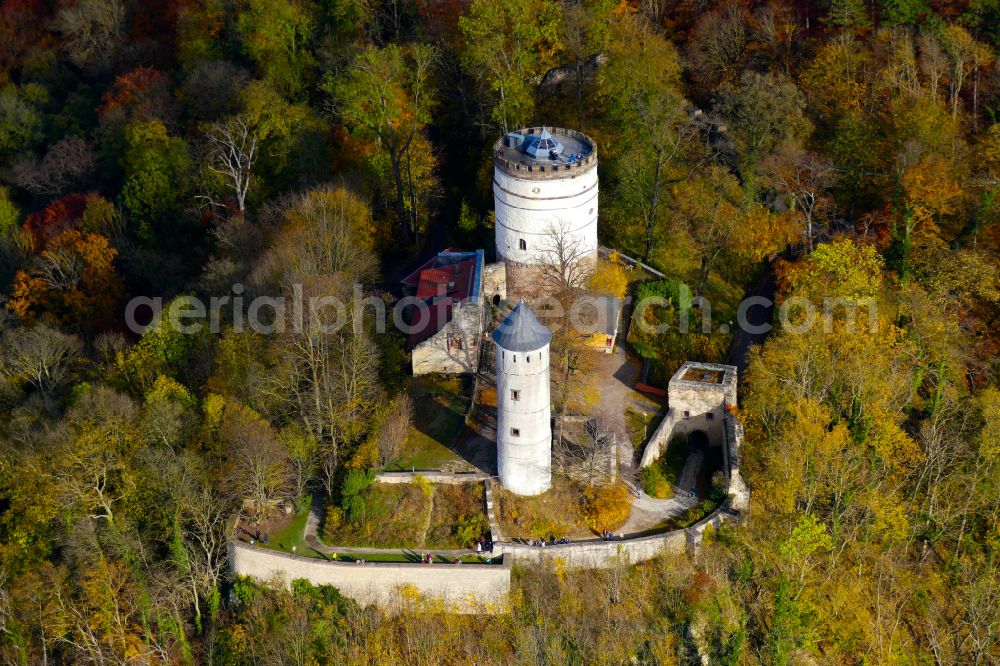 Bovenden from above - Autumnal discolored vegetation view ruins and vestiges of the former castle and fortress Plesse in Bovenden in the state Lower Saxony, Germany
