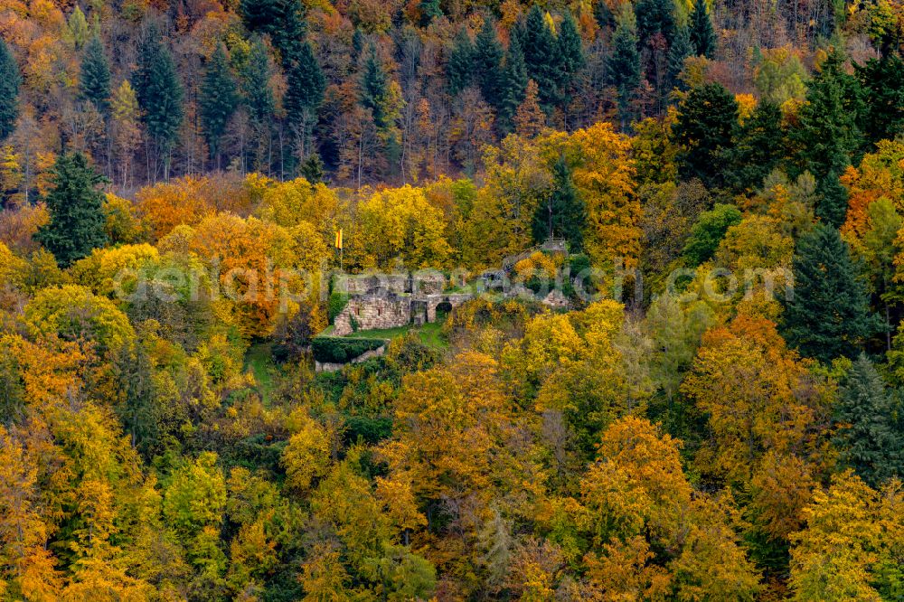 Herbolzheim from above - Autumnal discolored vegetation view ruins and vestiges of the former castle and fortress Kirnburg Bleichheim in Herbolzheim in the state Baden-Wurttemberg, Germany