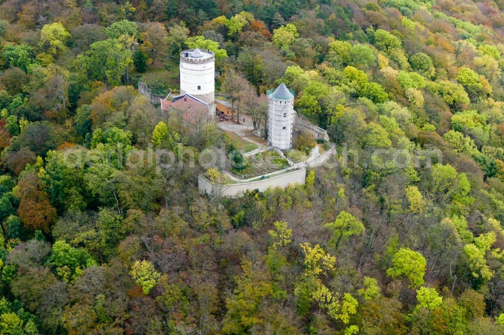 Bovenden from the bird's eye view: Autumnal discolored vegetation view ruins and vestiges of the former castle and fortress Plesse in Bovenden in the state Lower Saxony, Germany