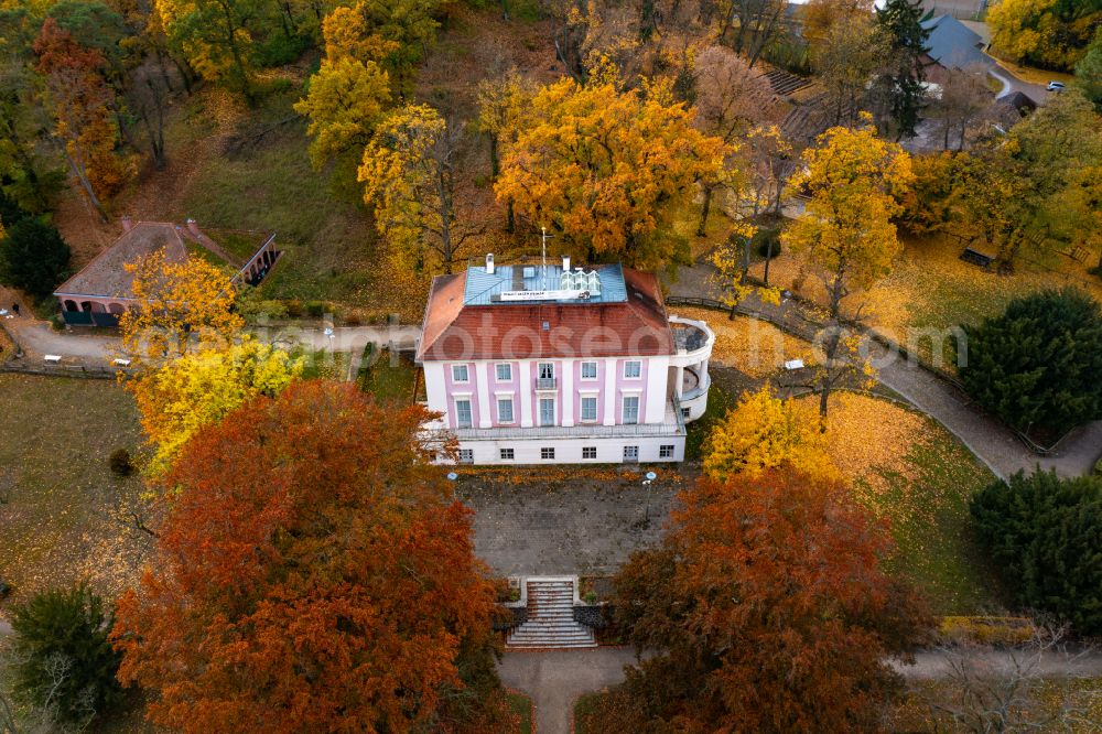 Bad Freienwalde (Oder) from above - Autumnal discolored vegetation view building complex in the park of the castle in Bad Freienwalde (Oder) in the state Brandenburg, Germany