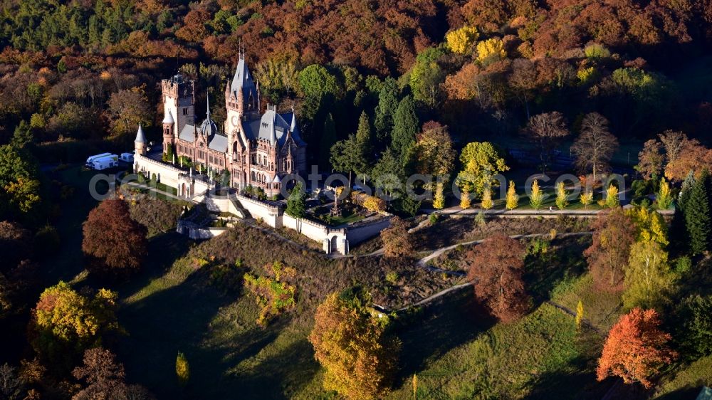 Aerial image Königswinter - Autumnal discolored vegetation view castle of Schloss Drachenburg in Koenigswinter in the state North Rhine-Westphalia