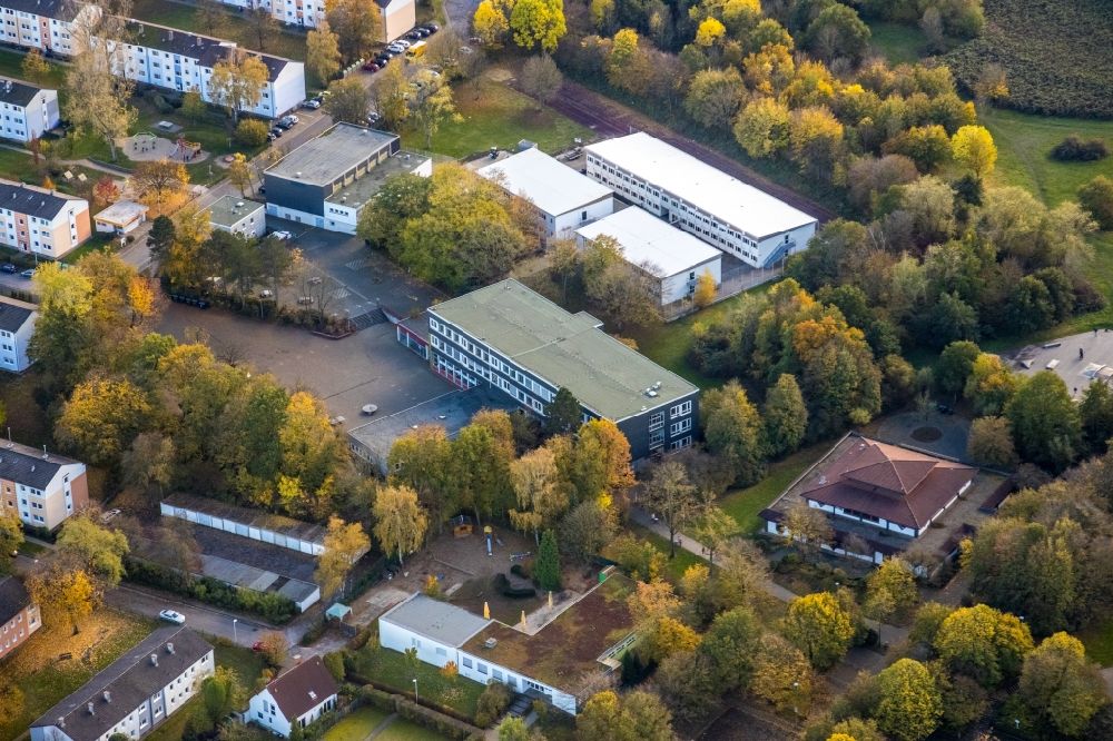 Aerial photograph Mülheim an der Ruhr - Autumnal discolored vegetation view school building of the Gesamtschule Saarn on Ernst-Tommes-Strasse in Muelheim on the Ruhr in the state North Rhine-Westphalia, Germany
