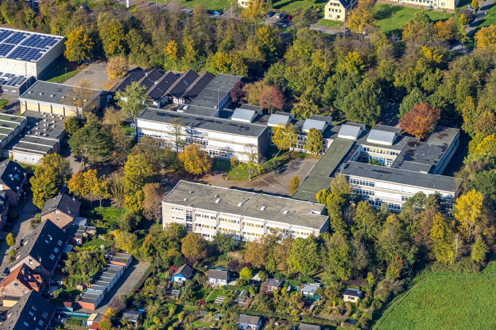 Aerial image Moers - Autumnal discolored vegetation view school building of the Geschwister-Scholl-Gesamtschule on street Roemerstrasse in the district Asberg in Moers in the state North Rhine-Westphalia, Germany