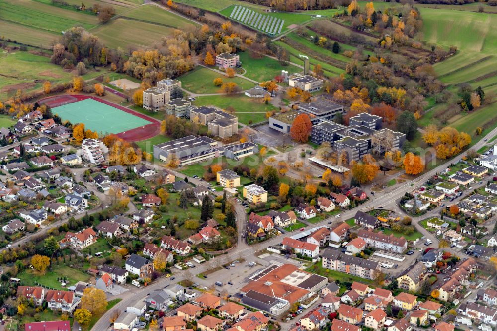Ettenheim from above - Autumnal discolored vegetation view school building of the Heimschule Sankt Landolin in Ettenheim in the state Baden-Wurttemberg, Germany