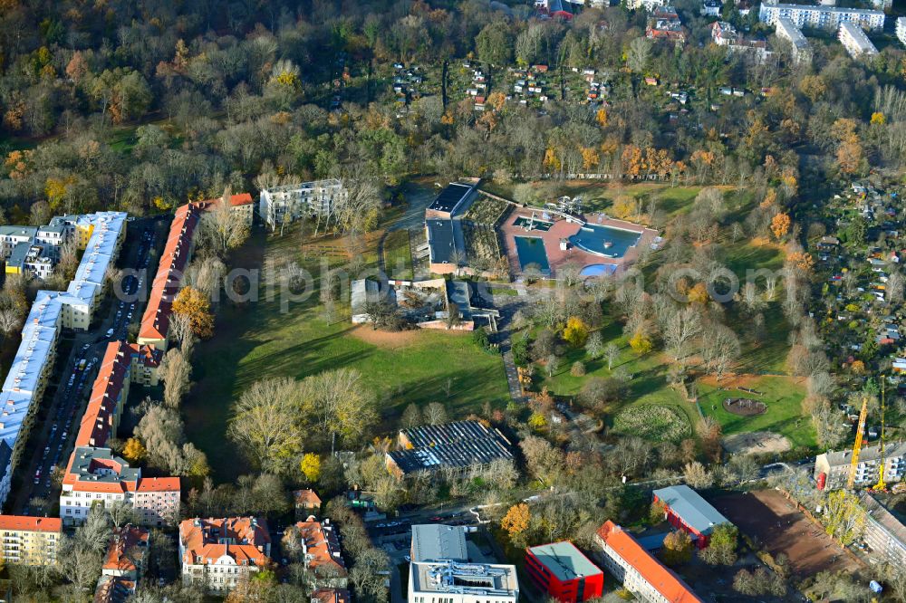 Berlin from the bird's eye view: Autumnal discolored vegetation view Swimming pool and grounds with sunbathing areas of the Am Schlosspark outdoor pool in the Pankow district of Berlin, Germany