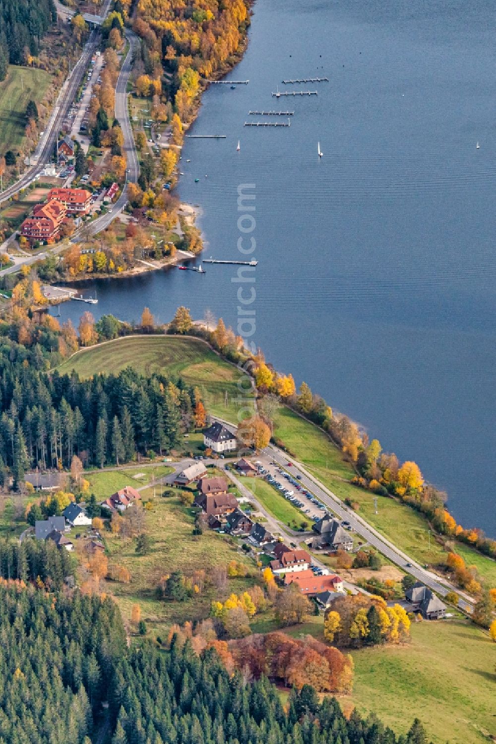 Aerial image Schluchsee - Autumnal discolored vegetation view complex of the hotel building Auerhahn Wellnesshotel in Schluchsee in the state Baden-Wurttemberg, Germany