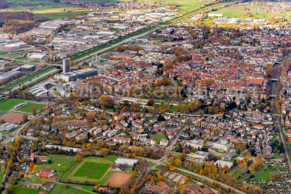 Aerial image Offenburg - Autumnal discolored vegetation view city view of the city area of in the district Buehl in Offenburg in the state Baden-Wurttemberg, Germany