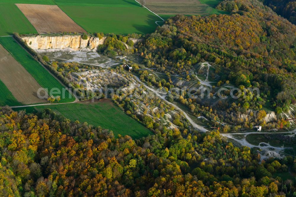 Bischberg from the bird's eye view: Autumnal discolored vegetation view unused renatured quarry in Bischberg in the state Bavaria, Germany
