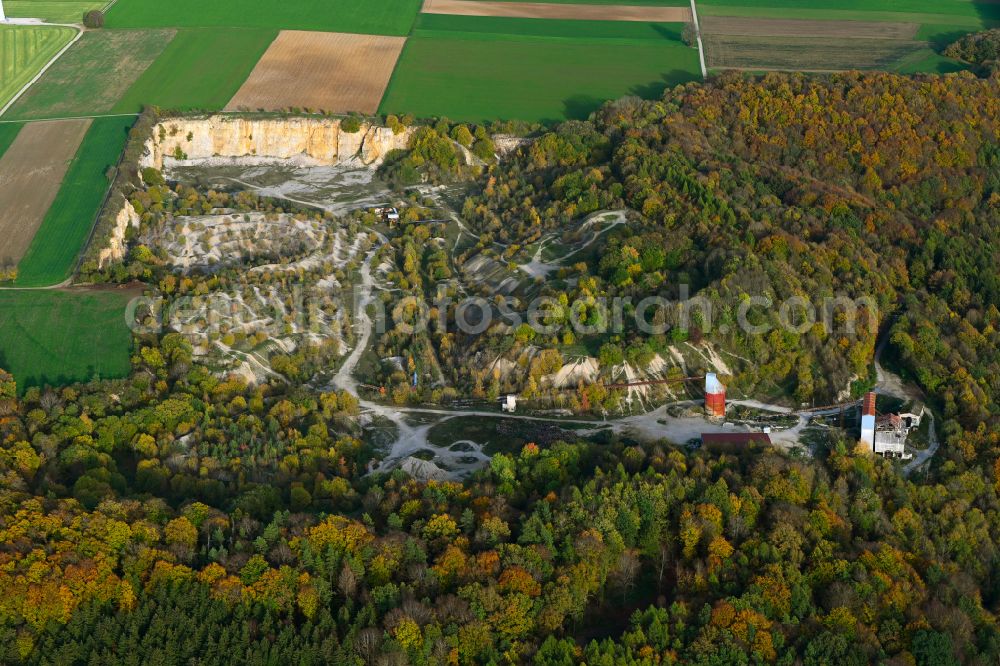 Aerial image Bischberg - Autumnal discolored vegetation view unused renatured quarry in Bischberg in the state Bavaria, Germany