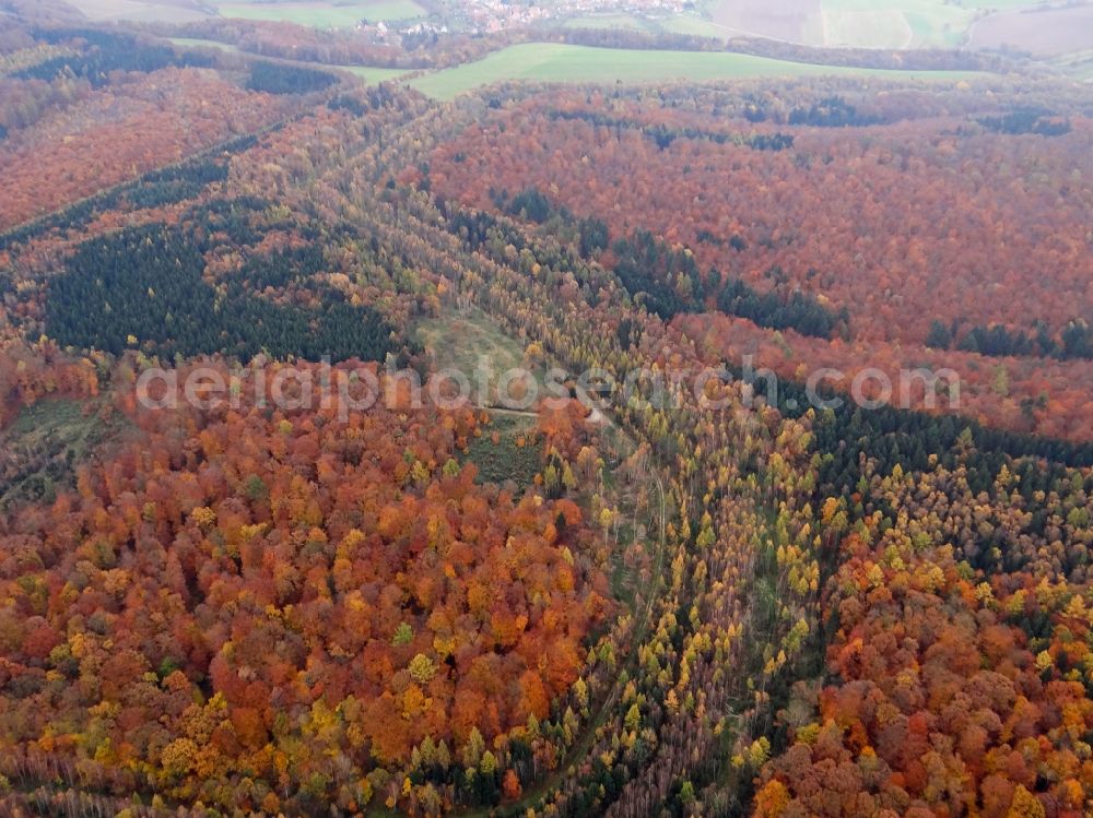 Aerial photograph Rustenfelde - Autumnal discolored vegetation view route course of the former inner-German border between the GDR German Democratic Republic and the Federal Republic of Germany Federal Republic of Germany in Rustenfelde in the state Thuringia, Germany