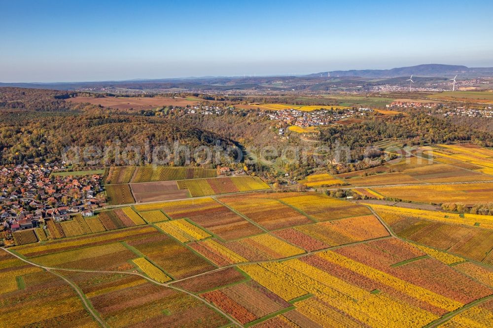 Aerial photograph Battenberg (Pfalz) - Autumnal discolored vegetation view structures on agricultural fields in Battenberg (Pfalz) in the state Rhineland-Palatinate, Germany
