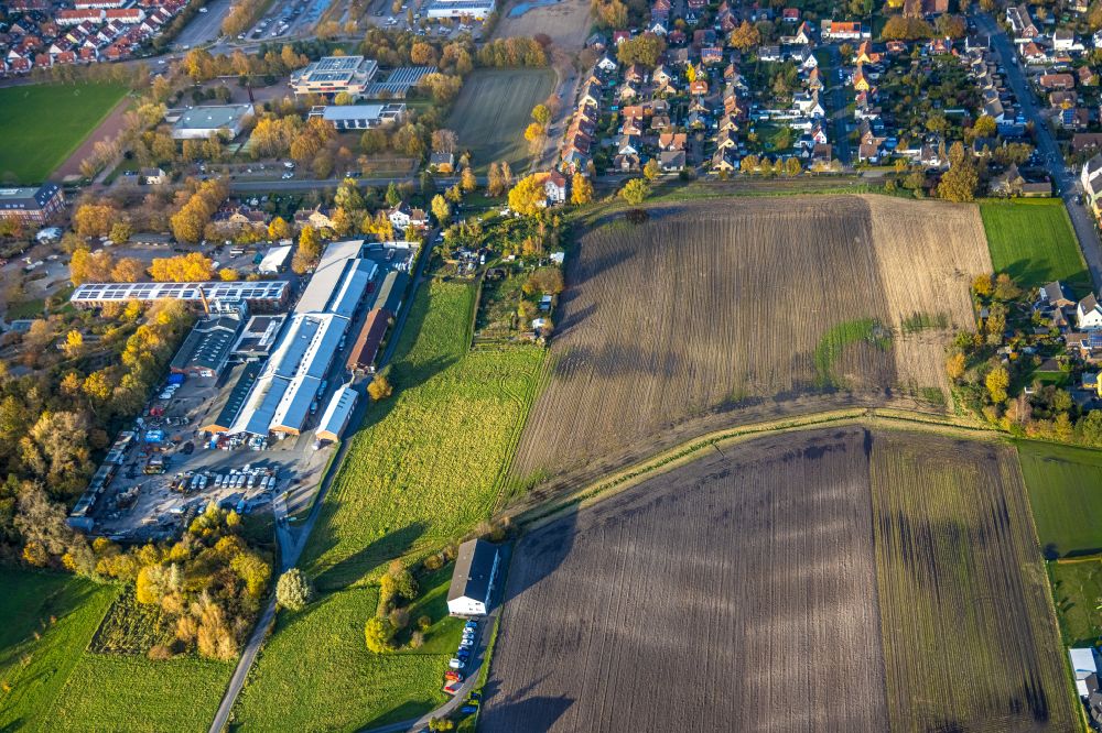 Aerial photograph Hamm - Autumnal discolored vegetation view structures on agricultural fields on street Am Maximilianpark in the district Norddinker in Hamm at Ruhrgebiet in the state North Rhine-Westphalia, Germany