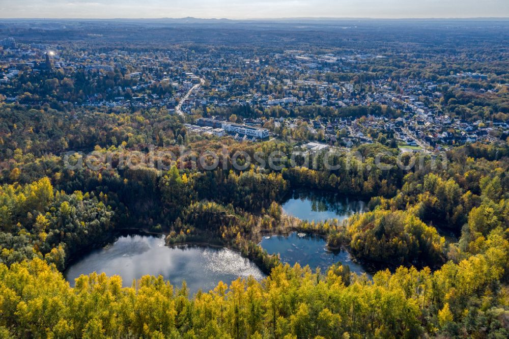Bergisch Gladbach from above - Autumnal discolored vegetation view open pit re cultivation on the shores of the lake Grube Cox on street Helene-Stoecker-Strasse in Bergisch Gladbach in the state North Rhine-Westphalia, Germany