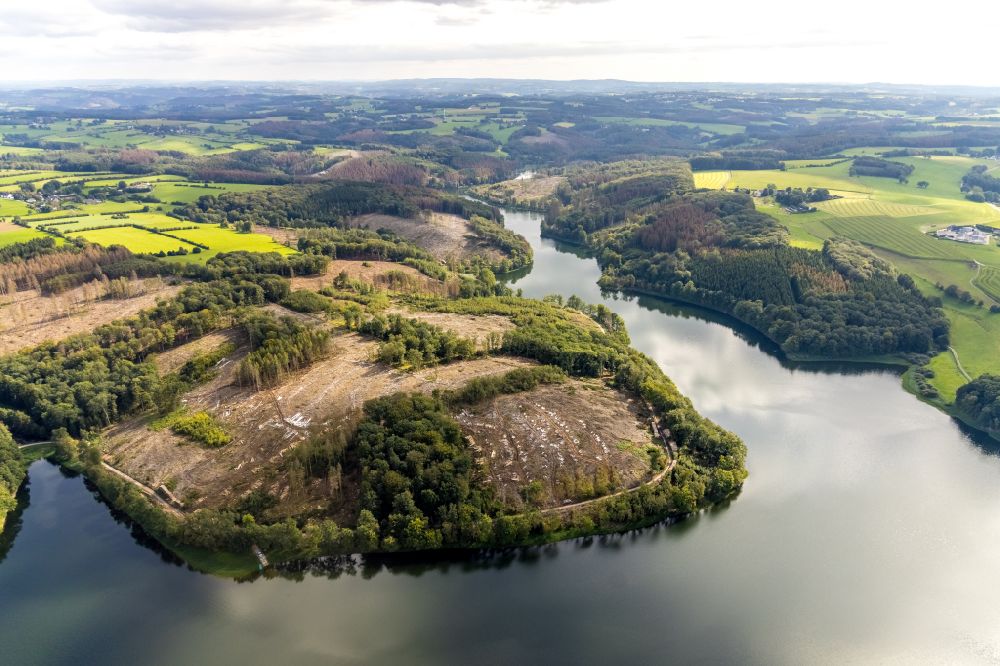 Aerial photograph Breckerfeld - Autumnal discolored vegetation view dam and shore areas at the lake Ennepetalsperre in Breckerfeld in the state North Rhine-Westphalia, Germany