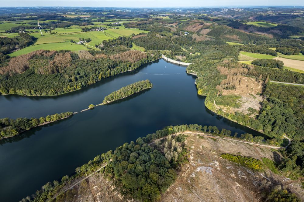 Aerial photograph Breckerfeld - Autumnal discolored vegetation view dam and shore areas at the lake Ennepetalsperre in Breckerfeld in the state North Rhine-Westphalia, Germany