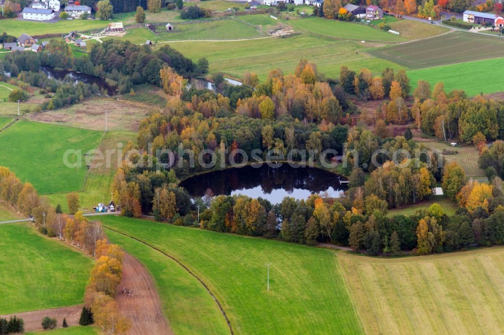 Bärnau from above - Autumnal discolored vegetation view pool Moorweiher on harvested agricultural fields in Baernau in the state Bavaria, Germany