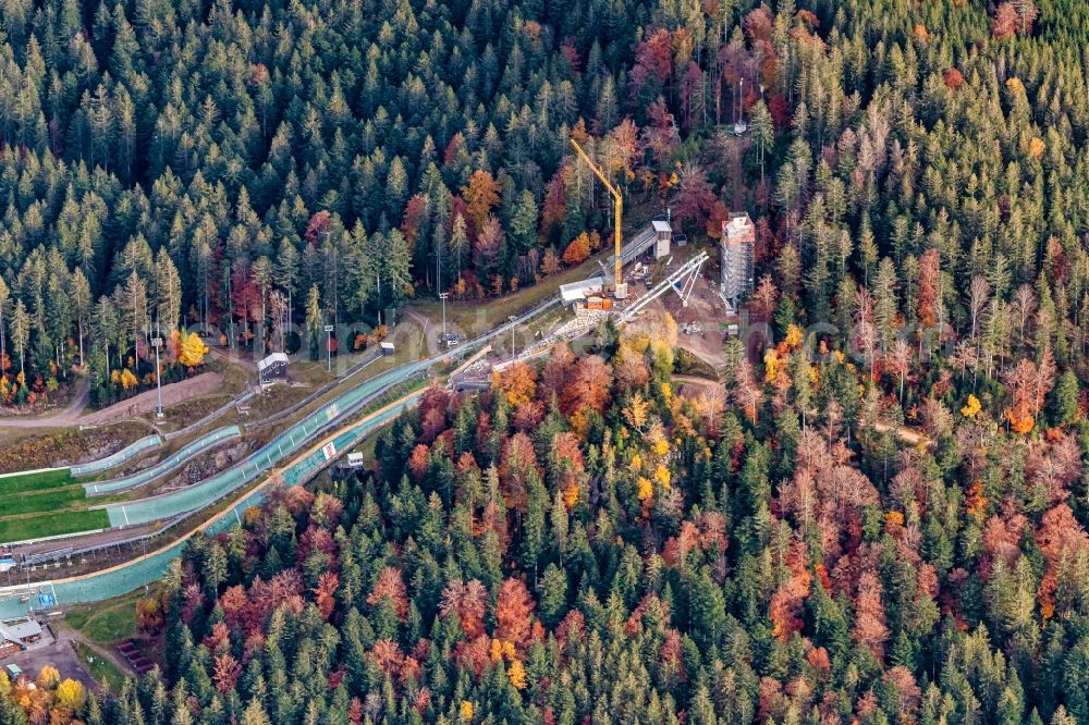 Hinterzarten from above - Autumnal discolored vegetation view training and competitive sports center of the ski jump Baustelle in Hinterzarten in the state Baden-Wuerttemberg, Germany