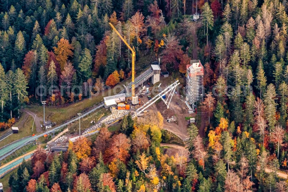 Aerial image Hinterzarten - Autumnal discolored vegetation view training and competitive sports center of the ski jump Baustelle in Hinterzarten in the state Baden-Wuerttemberg, Germany