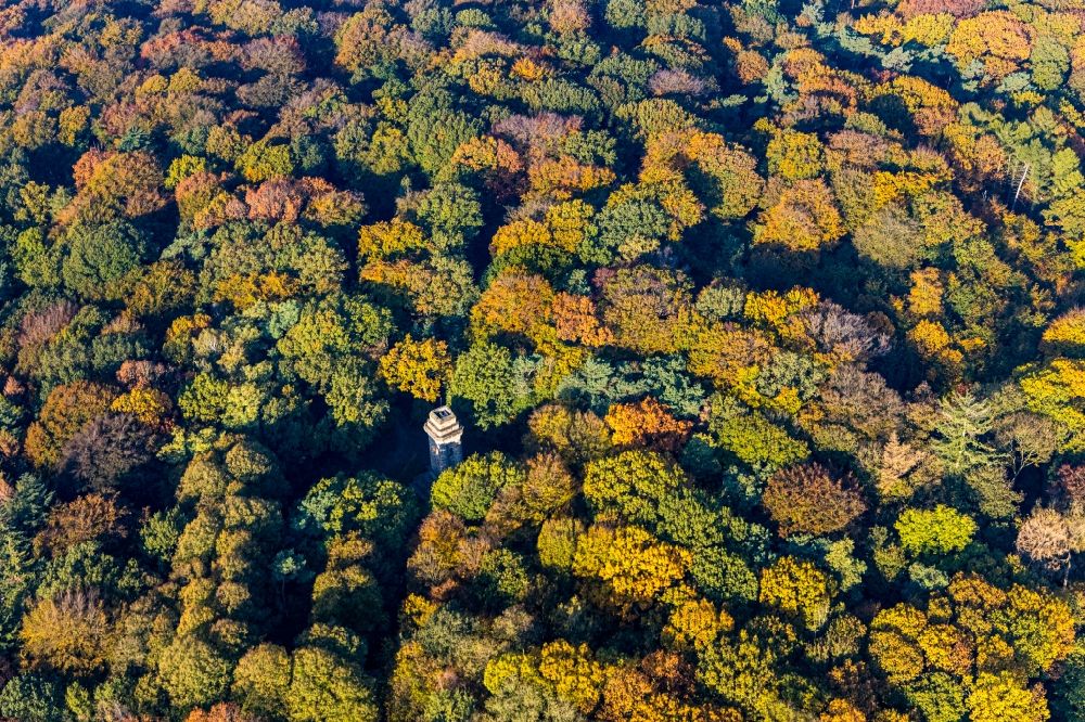 Aerial image Viersen - Autumnal discolored vegetation view tower building of the Bismarck tower - observation tower in Viersen in the state North Rhine-Westphalia, Germany