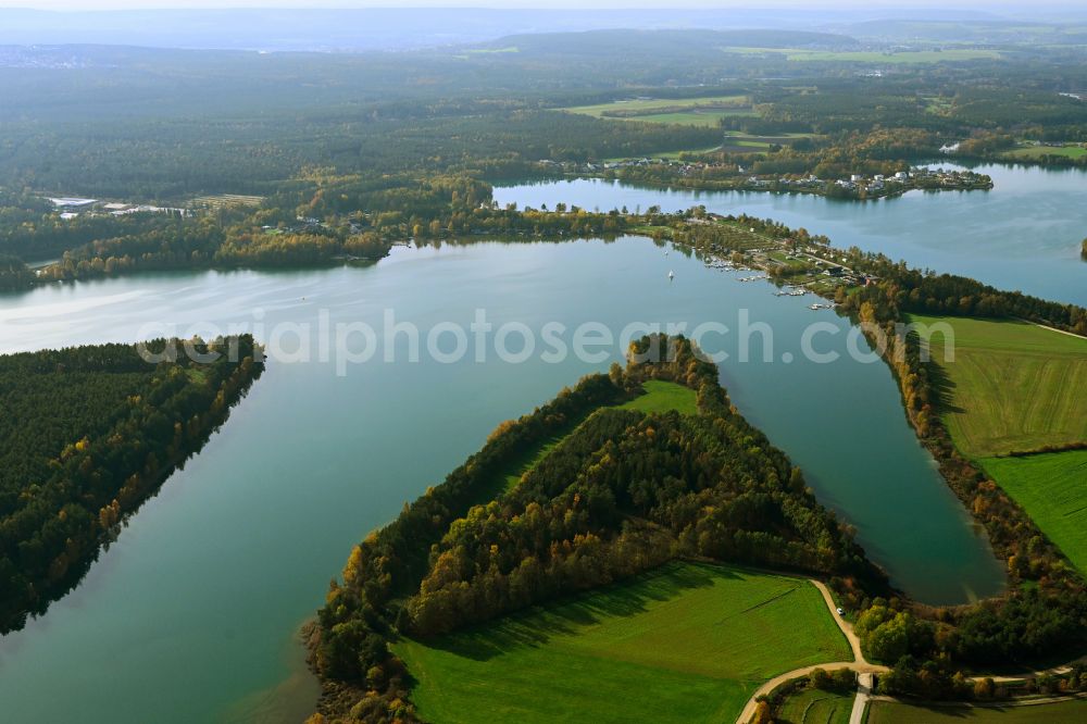 Aerial image Wackersdorf - Autumnal discolored vegetation view riparian areas on the lake area of Brueckelsee in Wackersdorf in the state Bavaria, Germany