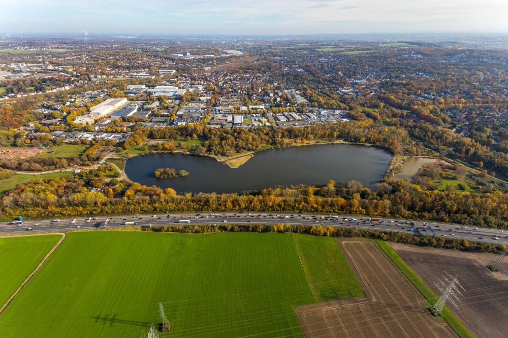 Aerial photograph Bochum - Autumnal discolored vegetation view riparian areas on the lake area of Uemminger See in Bochum in the state North Rhine-Westphalia, Germany