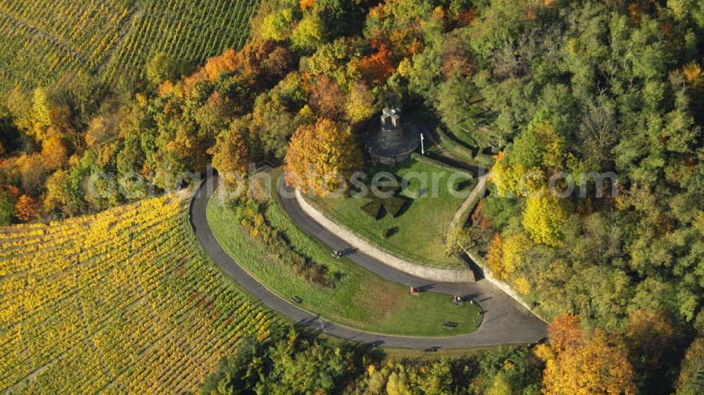 Bad Honnef from above - Autumnal discolored vegetation view ulanendenkmal in Rhoendorf in the state North Rhine-Westphalia, Germany