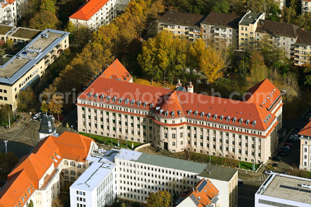 Aerial image Leipzig - Autumnal discolored vegetation view administrative building of the State Authority Leipziger Stadtwerke - Energievertrieb on street Karl-Liebknecht-Strasse in the district Connewitz in Leipzig in the state Saxony, Germany