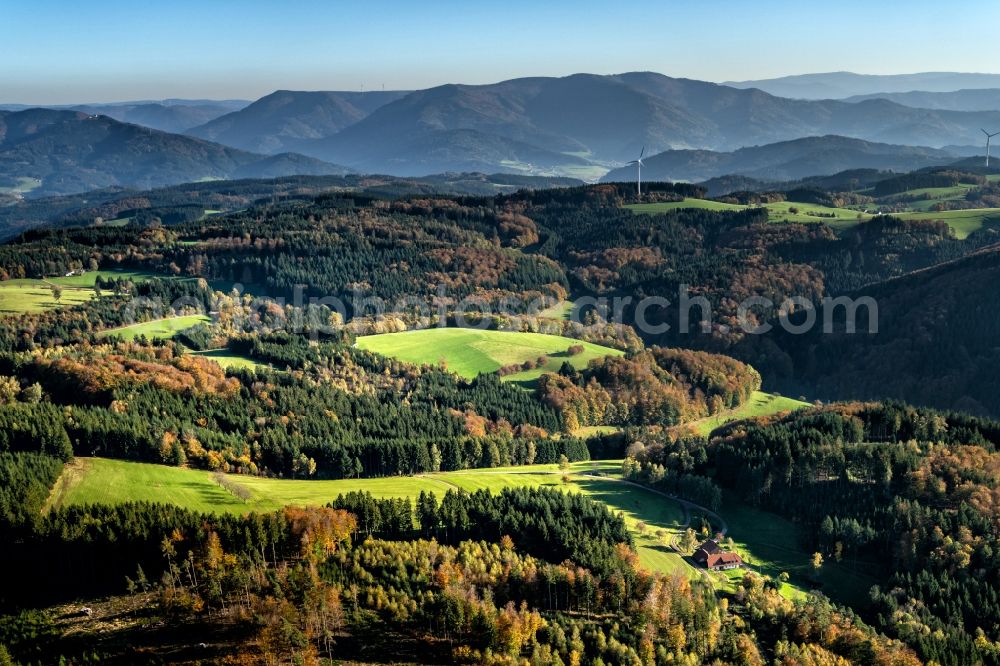 Aerial image Freiamt - Autumnal discolored vegetation view forest and mountain scenery in Freiamt in the state Baden-Wurttemberg, Germany