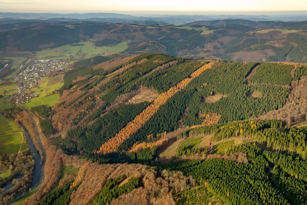 Lenhausen from the bird's eye view: Autumnal discolored vegetation view forest and mountain scenery in Lenhausen in the state North Rhine-Westphalia, Germany