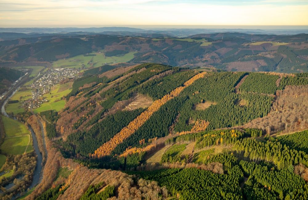 Aerial image Lenhausen - Autumnal discolored vegetation view forest and mountain scenery in Lenhausen in the state North Rhine-Westphalia, Germany