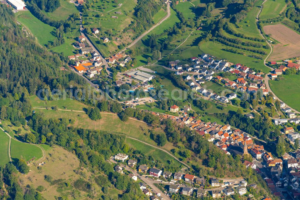 Aerial photograph Oppenau - Autumnal discolored vegetation view Urban area with outskirts and inner city area surrounded by woodland and forest areas in Oppenau in the state Baden-Wuerttemberg, Germany