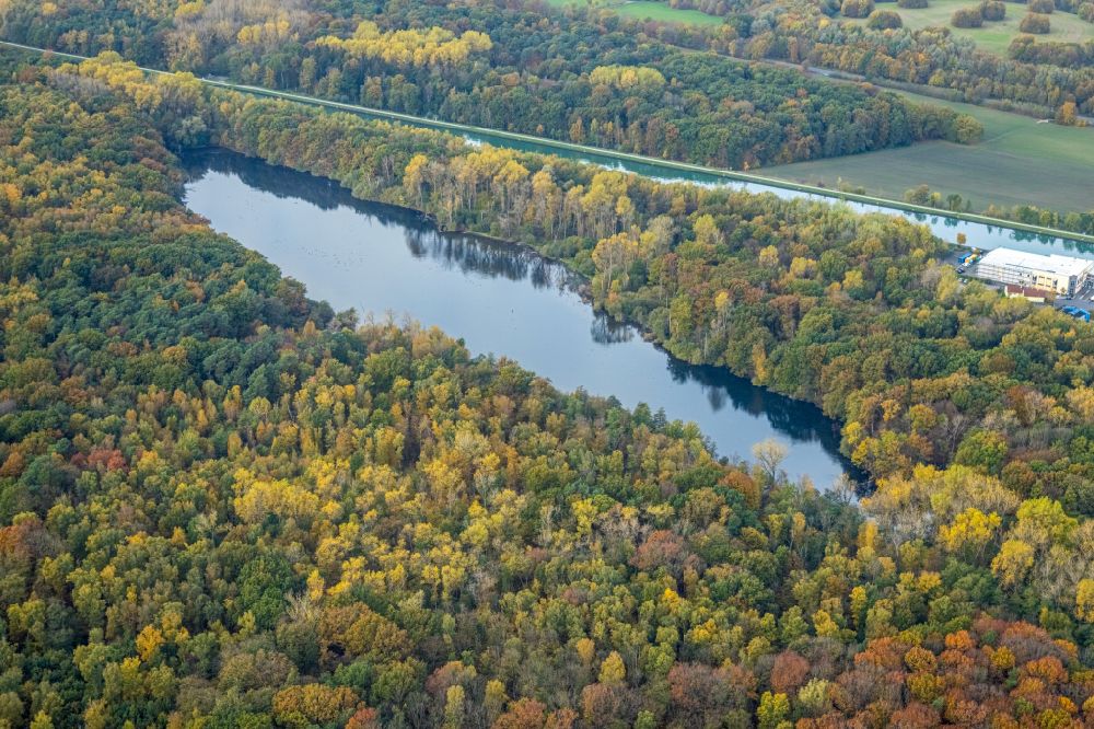 Aerial image Bergkamen - Autumnal discolored vegetation view forests on the shores of Lake Beversee in Bergkamen at Ruhrgebiet in the state North Rhine-Westphalia, Germany