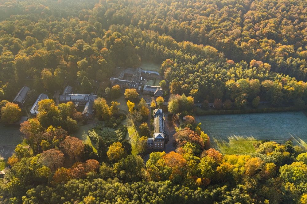 Brüggen from the bird's eye view: Autumnal discolored vegetation view building and castle park systems of water castle in Brueggen in the state North Rhine-Westphalia, Germany