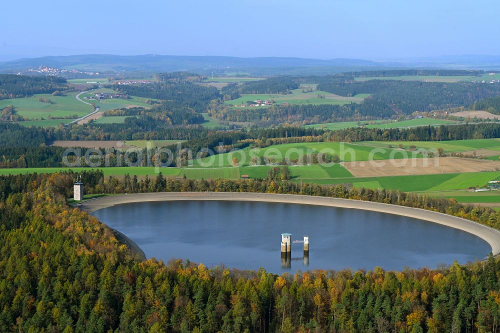 Tännesberg from above - Autumnal discolored vegetation view structure of the waterworks with high storage facility in Taennesberg in the state Bavaria, Germany