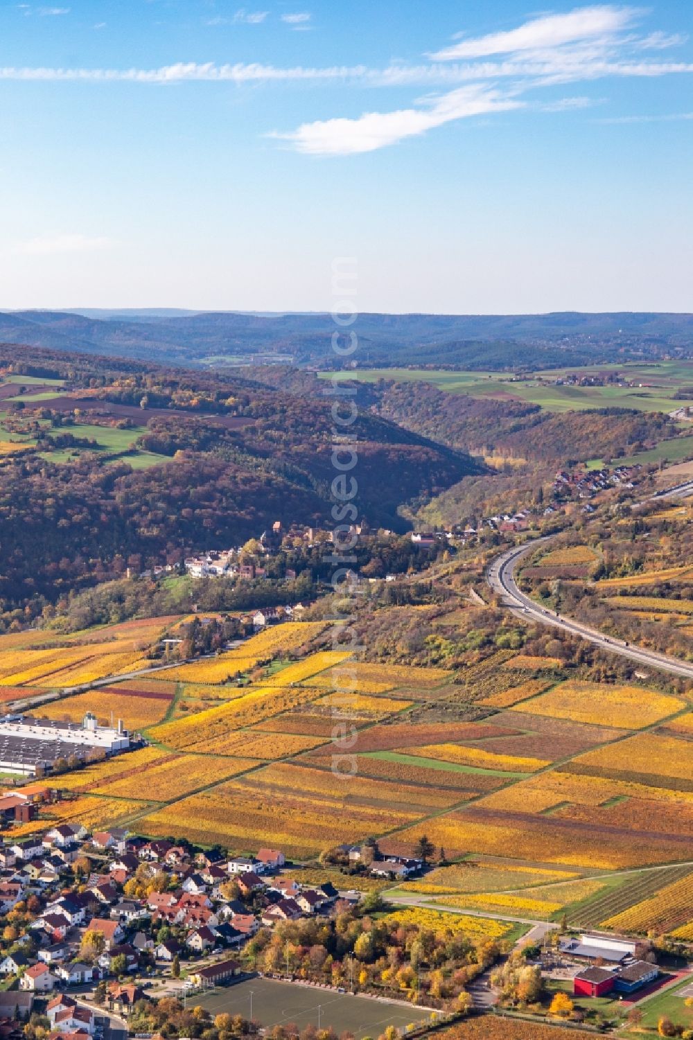 Neuleiningen from above - Autumnal discolored vineyards in the wine-growing area between Sausenheim and Neuleiningen in the state Rhineland-Palatinate, Germany
