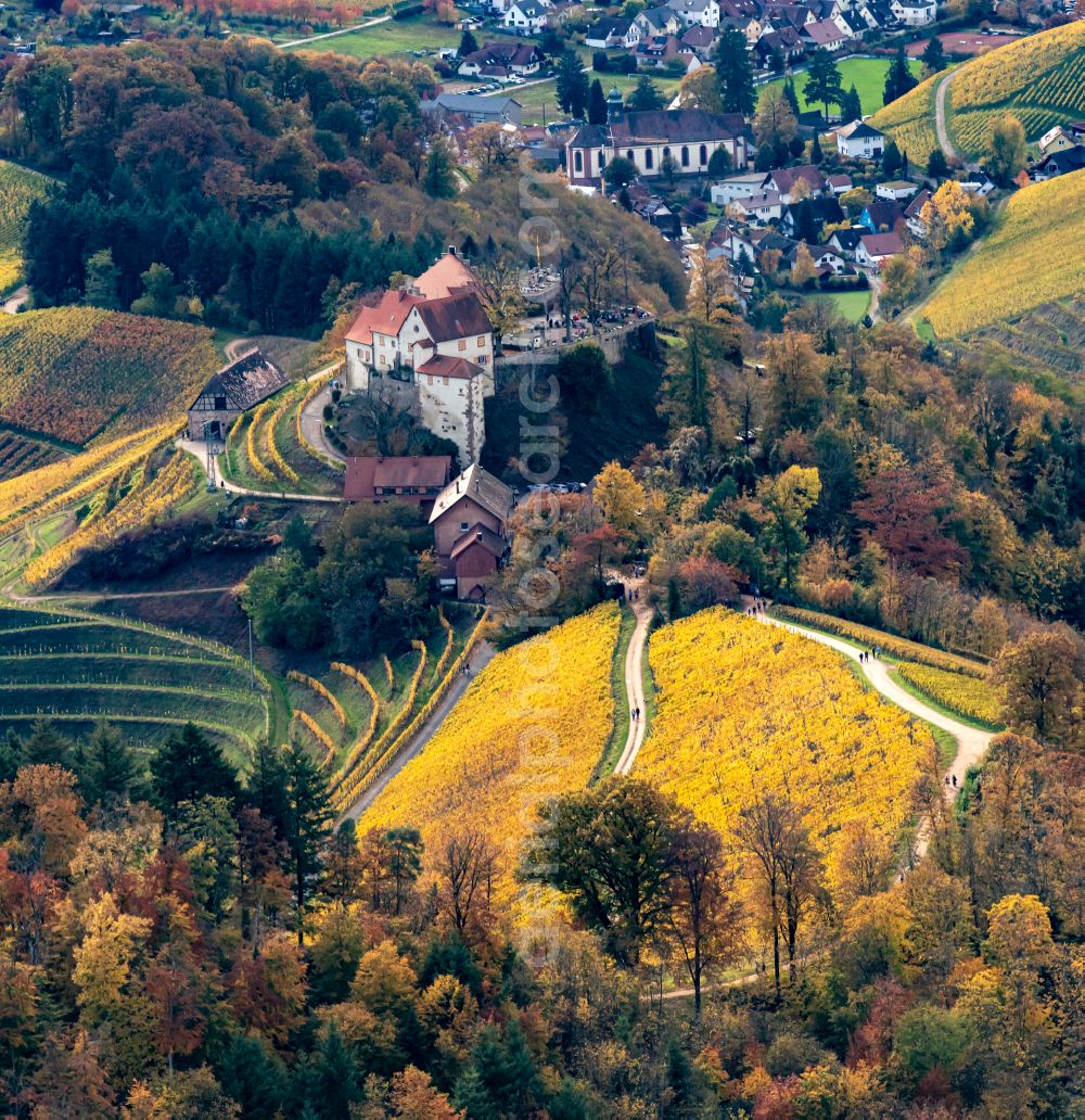 Durbach from above - Autumnal discolored vegetation view fields of wine cultivation landscape in Durbach in the state Baden-Wuerttemberg, Germany