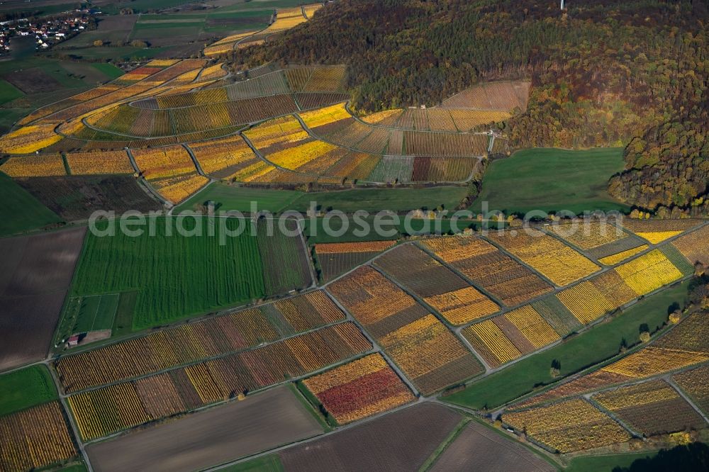 Aerial photograph Greuth - Autumnal discolored vegetation view fields of wine cultivation landscape in Greuth in the state Bavaria, Germany