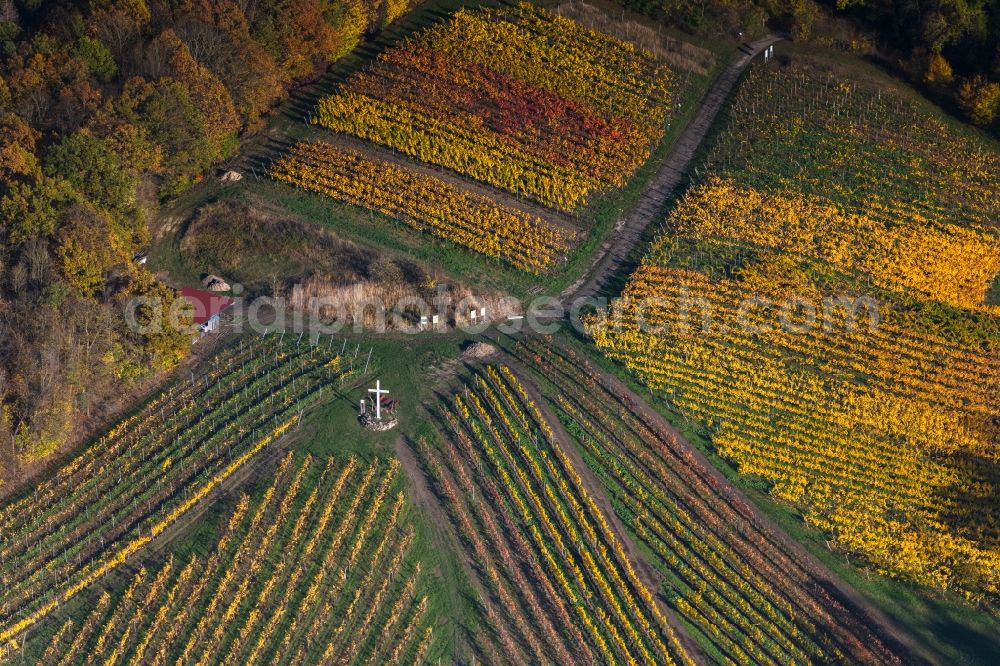Aerial photograph Kirchschönbach - Autumnal discolored vegetation view fields of wine cultivation landscape in Kirchschoenbach in the state Bavaria, Germany