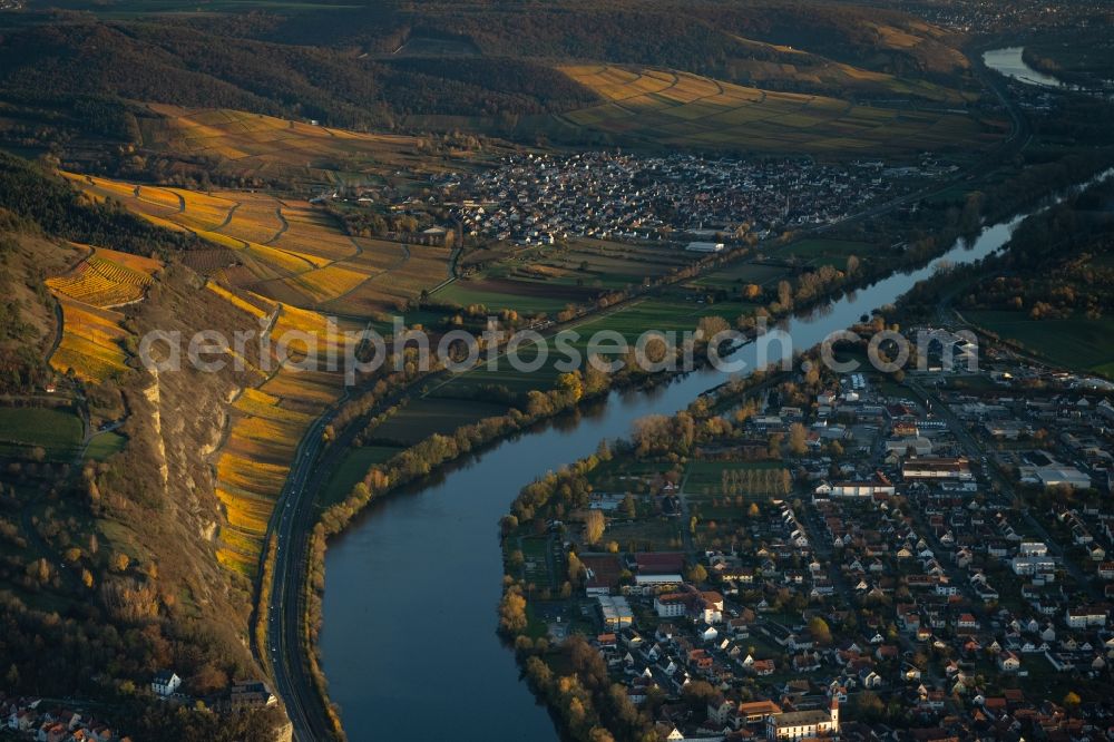 Thüngersheim from the bird's eye view: Autumnal discolored vegetation view fields of wine cultivation landscape on the banks of the Main river in Thuengersheim in the state Bavaria, Germany