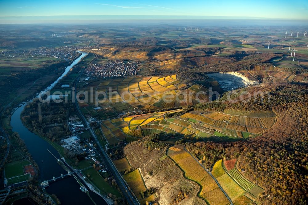 Aerial photograph Thüngersheim - Autumnal discolored vegetation view fields of wine cultivation landscape in Thuengersheim in the state Bavaria, Germany