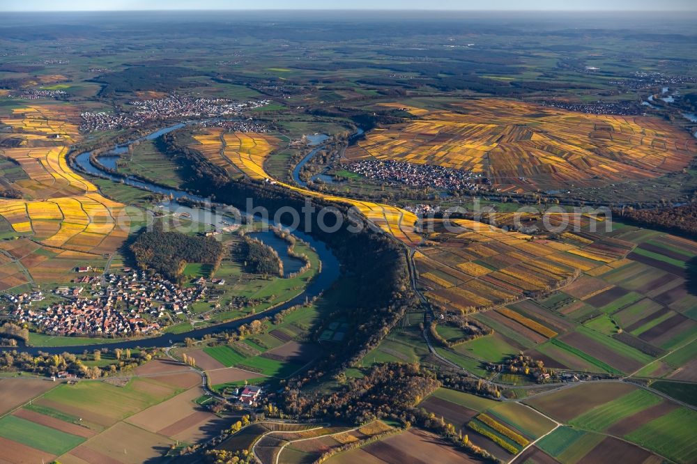 Volkach from above - Autumnal discolored vegetation view fields of wine cultivation landscape on river course of main in Volkach in the state Bavaria, Germany